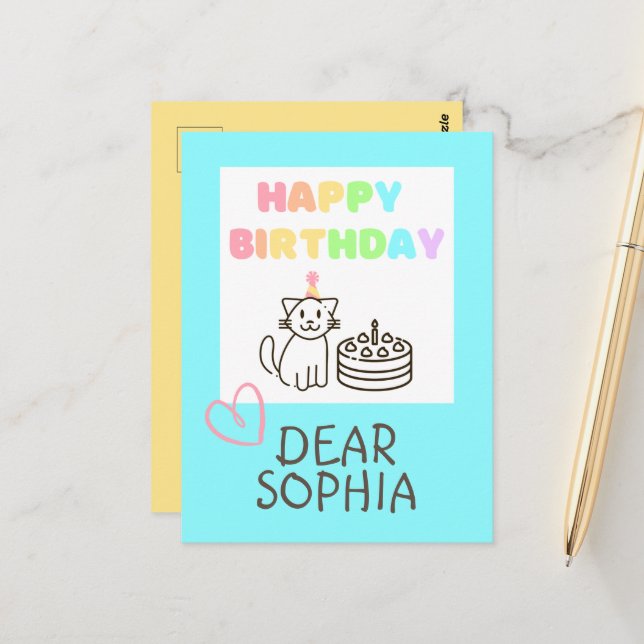 Cartão de Aniversário do Gato Feliz Arco-íris (Frente/Verso In Situ)