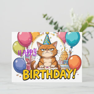Cartão de Aniversário do Gato Mal-humorado Engraça