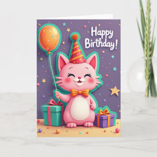 Cartão de Aniversário do Gato Rosa Alegre