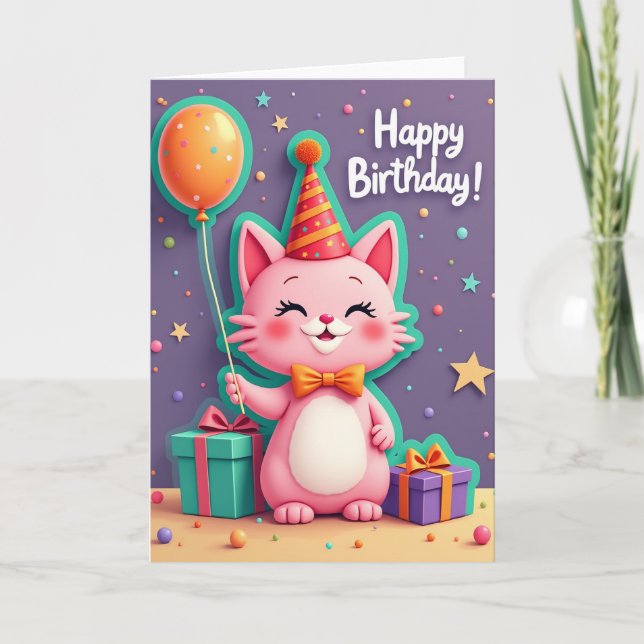 Cartão de Aniversário do Gato Rosa Alegre (Frente)