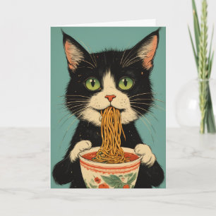 CARTÃO DE ANIVERSÁRIO DO GATO TUXEDO COMENDO MACAR