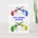 Cartão de Aniversário do Grandson Guitars<br><div class="desc">Um belo cartão de aniversário para um neto. Arte colorido de guitarra com escala musical ao fundo. Você não pode ter muitas guitarras. Um cartão de aniversário de violão muito legal, celebra a energia e a diversão deste instrumento musical. Um cartão de aniversário perfeito para guitarristas e amantes da música....</div>