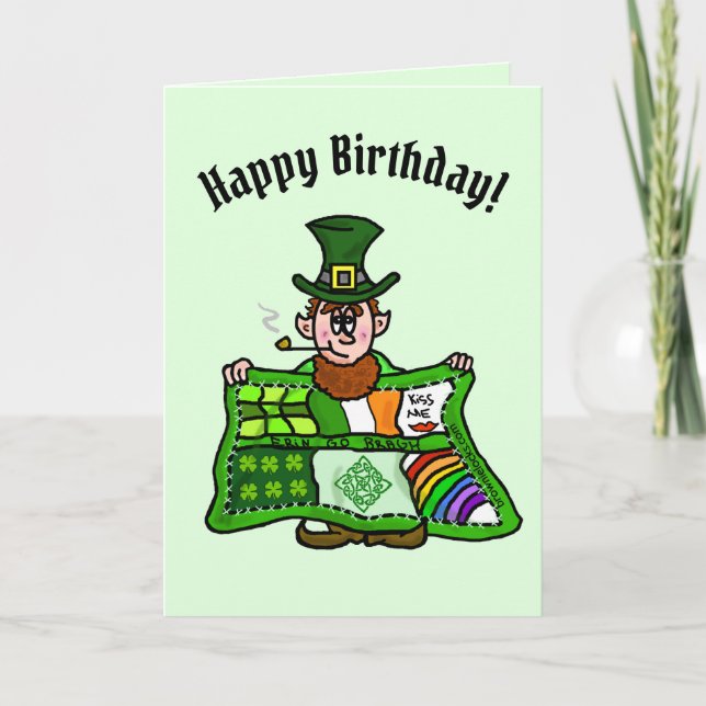 Cartão de Aniversário do Irish Quilt & Leprechaun (Frente)