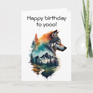 Cartão de Aniversário do Lobo em Aquarela para Ama