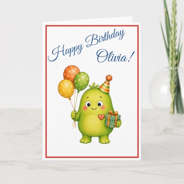 Cartão de Aniversário do Monstro Verde Fofo (Frente)