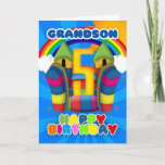 Cartão de aniversário do neto 5o com castelo<br><div class="desc">Um 5o cartão de aniversário feliz ensolarado com castelo bouncy</div>