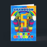 Cartão de aniversário do neto 5o com castelo<br><div class="desc">Um 5o cartão de aniversário feliz ensolarado com castelo bouncy</div>