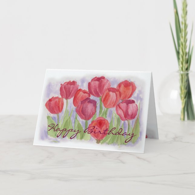 Cartão de Aniversário do Red Watercolor Tulips (Frente)