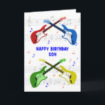 Cartão de Aniversário do Son Guitars<br><div class="desc">Um belo cartão de aniversário para um filho. Arte colorido de guitarra com escala musical ao fundo. Você não pode ter muitas guitarras. Um cartão de aniversário de violão muito legal, celebra a energia e a diversão deste instrumento musical. Um cartão de aniversário perfeito para guitarristas e amantes da música....</div>