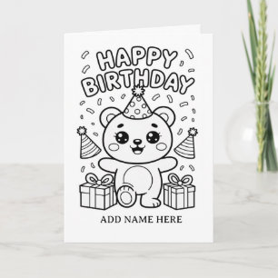 cartão de aniversário do urso dobrado para colorir
