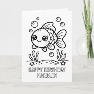cartão de aniversário dobrado de peixe para colori