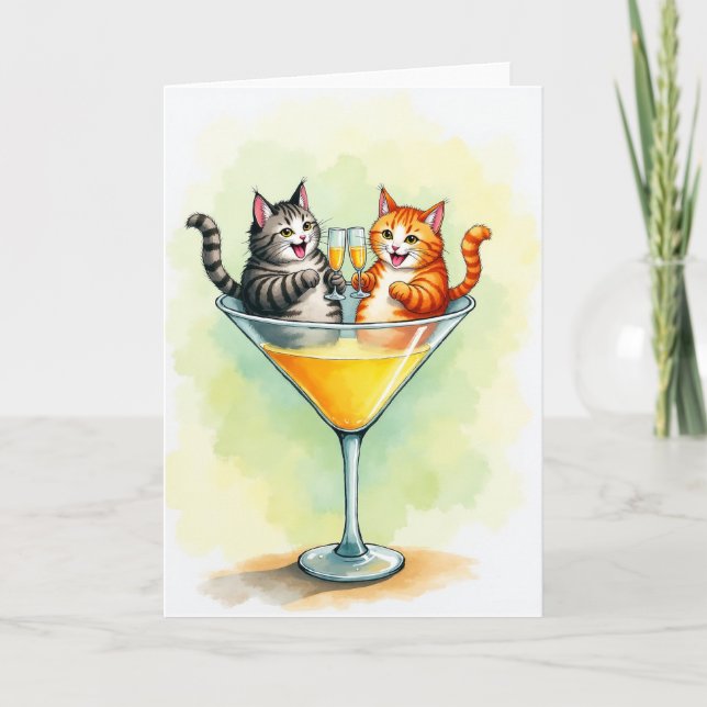 Cartão de Aniversário dos Gatos Brindando (Frente)