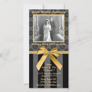 Cartão de Aniversário Dourado com Damask Preto e C