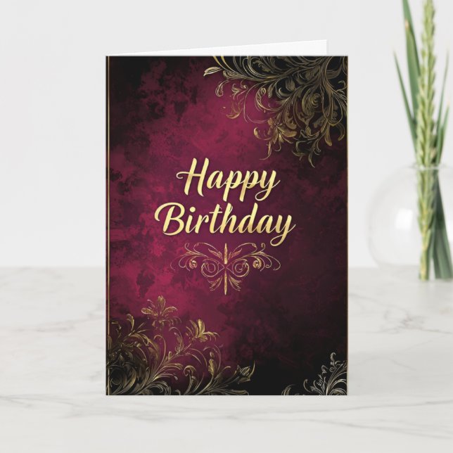 Cartão de Aniversário Dourado Elegante Burgundy e  (Frente)