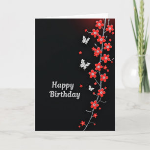 Cartão de Aniversário Elegante com Floral Carmesim