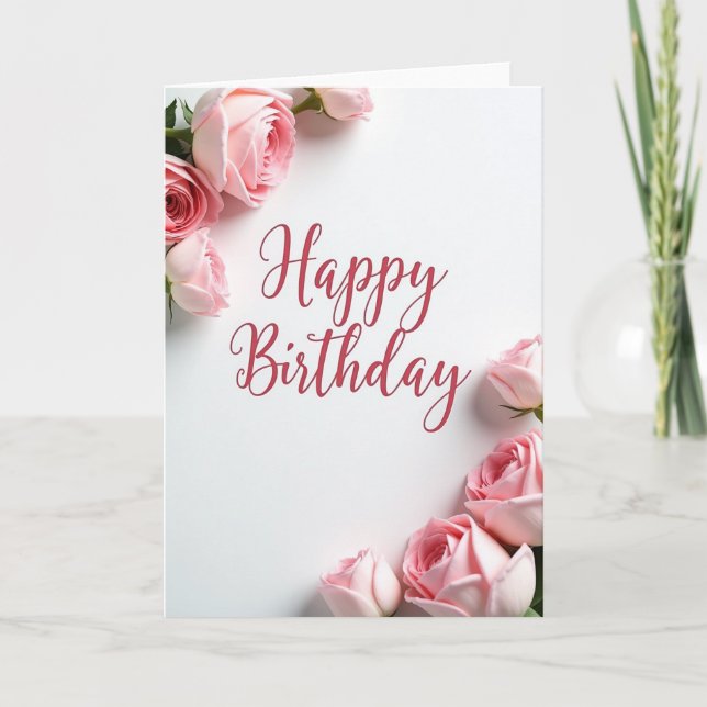 Cartão de Aniversário Elegante com Rosa em Script (Frente)