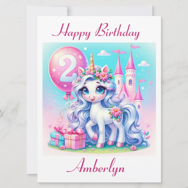 Cartão de Aniversário Elegante Unicorn de 2 Anos (Frente)