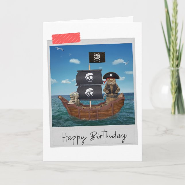 Cartão de Aniversário Engraçado de Navio Pirata (Frente)
