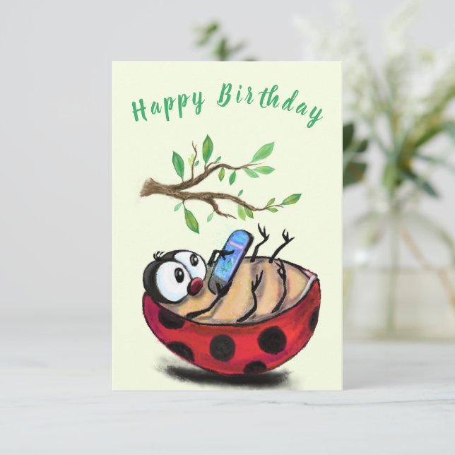 Cartão de Aniversário Engraçado Ladybug Feliz por  (Em pé/Frente)