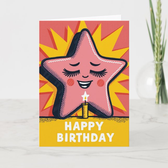 Cartão de Aniversário Estrela Rosa Alegre (Frente)