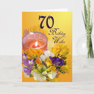Cartão de Aniversário Feliz 70 - freesias e velas