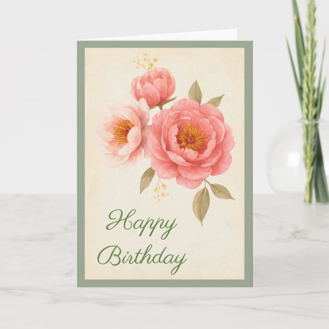 Cartão de Aniversário Feliz com Rosas Cor-de-Rosa  (Frente)