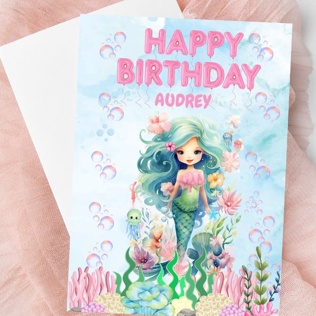 Cartão de Aniversário Feliz da Sereia Azul Persona (Personalized Mermaid Happy Birthday Card)