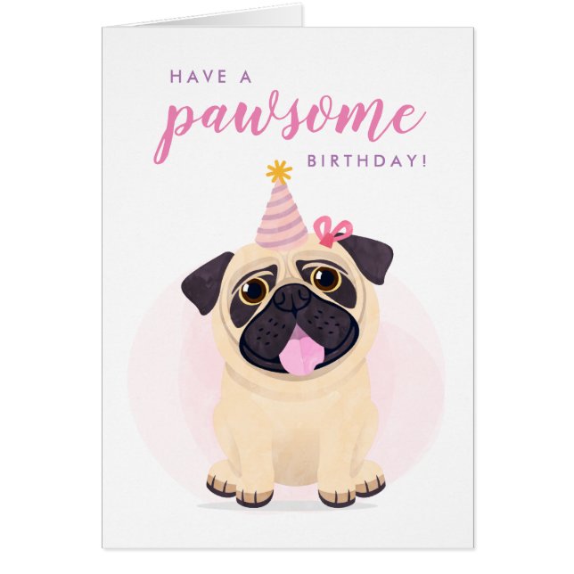 Cartão de Aniversário Feliz de Cute Pug (Frente)