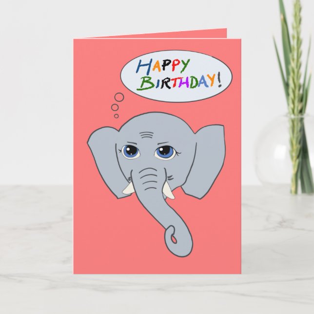 Cartão de Aniversário Feliz de Elefante (Rosa) (Frente)