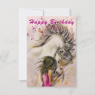Cartão de Aniversário Feliz para Menina e Cavalo