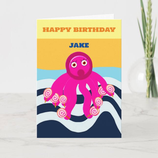 Cartão de aniversário feliz polvo para crianças (Frente)