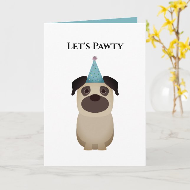 Cartão de Aniversário Feliz, Vamos Pug Pawty (Flor Amarela)