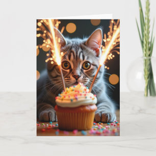 Cartão de Aniversário Festivo com Gato Listrado