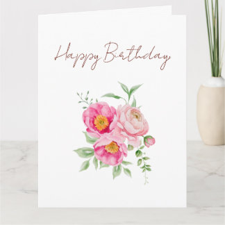 Cartão de Aniversário Floral Aquarela Peônia Rosa