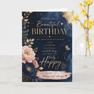 Cartão de Aniversário Floral Bege Marinho