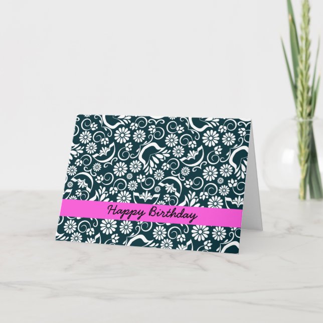 Cartão de aniversário floral branco preto Elegante (Frente)