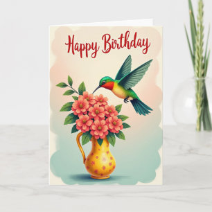 Cartão de Aniversário Floral com Pássaro Voador