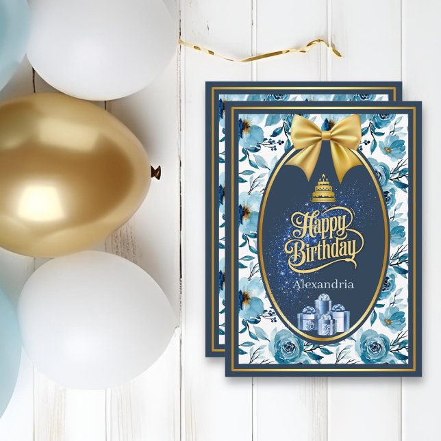 Cartão de Aniversário Floral de Cor Azul Branco El (Criador carregado)