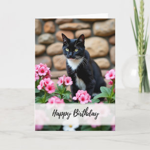 Cartão de Aniversário Floral de Gato Preto Elegant