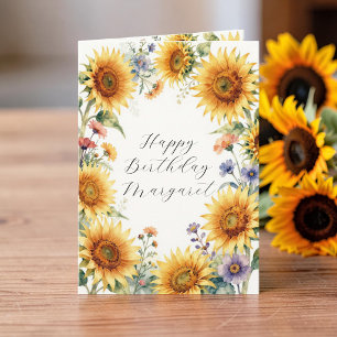 Cartão de Aniversário Floral de Girassol em Aquare