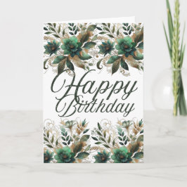 Cartão de Aniversário Floral em Aquarela Esmeralda