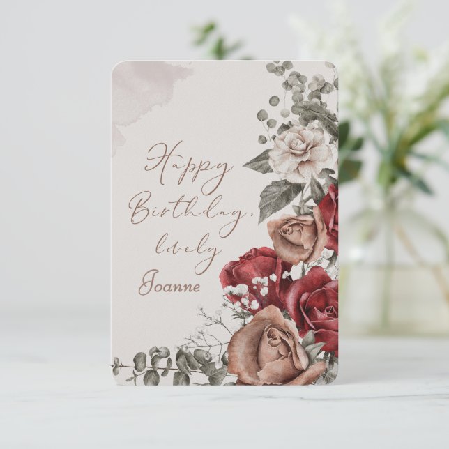 Cartão de Aniversário Floral Personalizado (Em pé/Frente)
