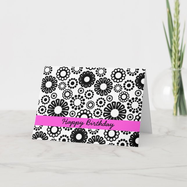 Cartão de aniversário floral preto e branco (Frente)