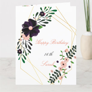 Cartão de aniversário floral roxo com moldura dour