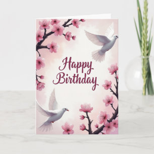 Cartão de aniversário floral suave com pássaros