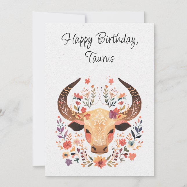 Cartão de Aniversário Floral Taurus Bull Zodiac Bo (Frente)