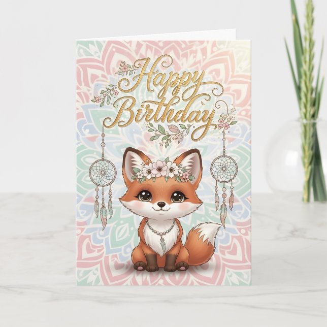 Cartão de aniversário fofo Boho Fox com Dreamcatch (Frente)