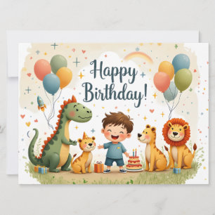Cartão de Aniversário Fofo com Animais e Menino