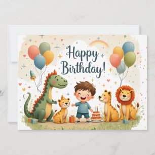 Cartão de Aniversário Fofo com Animais e Menino