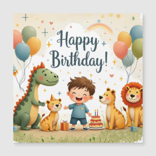 Cartão de Aniversário Fofo com Animais e Menino